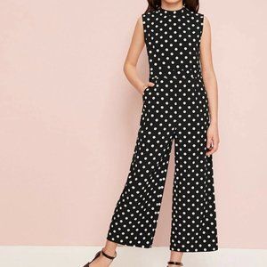 SHEIN Girls Slant Pocket White Polka Dot Palazzo Sleeveless Black Jumpsuit SZ 9